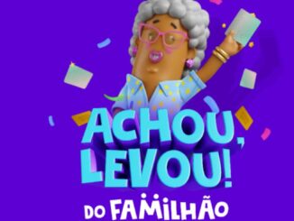 Promoção Achou, Levou! do Familhão — segundo semestre de 2026, com personagem animada em 3D comemorando entre confetes coloridos sobre fundo roxo vibrante.