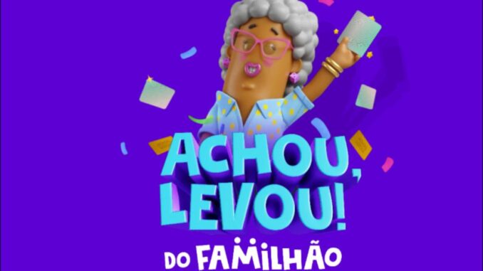 Promoção Achou, Levou! do Familhão — segundo semestre de 2026, com personagem animada em 3D comemorando entre confetes coloridos sobre fundo roxo vibrante.