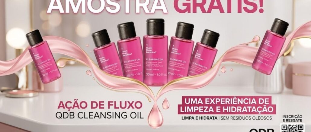 Banner promocional Amostra Grátis QDB Cleansing Oil de O Boticário, com sete frascos rosa do óleo de limpeza facial dispostos em arco sobre um fluxo de líquido rosa e dourado, em cima de um balcão de banheiro com espelho e luzes ao fundo.