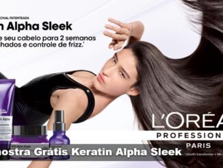 Amostra grátis Keratin Alpha Sleek da L'Oréal Professionnel Paris, linha com shampoo, máscara Smooth Transformer, creme e sérum Mirror Sleek, ao lado de mulher com cabelo longo e liso.