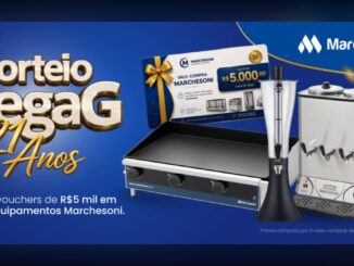 Banner do Sorteio MegaG 21 Anos, da Marchesoni, com vale-compra de R$5.000,00 e imagens de chapa profissional, liquidificador industrial, cafeteira e mais equipamentos gastronômicos em fundo azul.