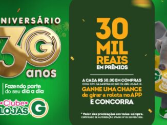 Banner do Aniversário 30 anos do Clube Lojas G com promoção de R$30.000,00 em vales-compra.