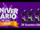 Banner roxo de aniversário de 38 anos das Lojas Freitas com balões roxos, faixa dourada e três scooters elétricas brancas com cesto frontal