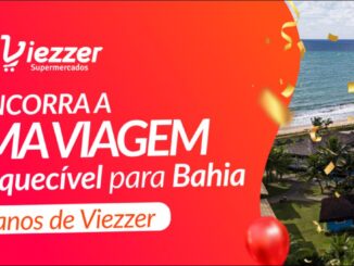Banner vermelho da promoção de 40 anos da Viezzer Supermercados com sorteio de viagem para a Bahia, mostrando resort à beira-mar com coqueiros, confetes dourados e balão vermelho.