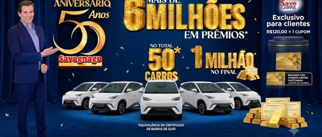 Aniversário 50 anos Savegnago com Celso Portiolli Celso Portiolli ao lado de cinco carros brancos, com destaque para o texto "Aniversário 50 Anos Savegnago", "Mais de 6 Milhões em Prêmios", "50 Carros" e "1 Milhão no Final", em fundo azul com confetes dourados