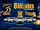 Celso Portiolli ao lado de cinco carros brancos, com destaque para o texto "Aniversário 50 Anos Savegnago", "Mais de 6 Milhões em Prêmios", "50 Carros" e "1 Milhão no Final", em fundo azul com confetes dourados
