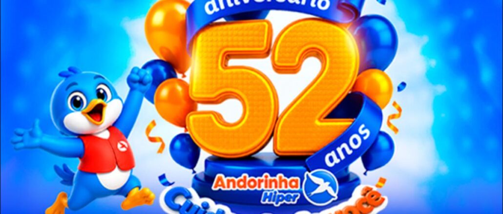 Banner comemorativo dos 52 anos do Andorinha Hiper, com mascote pinguim azul de colete vermelho, números 52 em dourado, balões azuis e laranjas, faixa "Cuidando de você" e logotipo da rede em fundo azul.