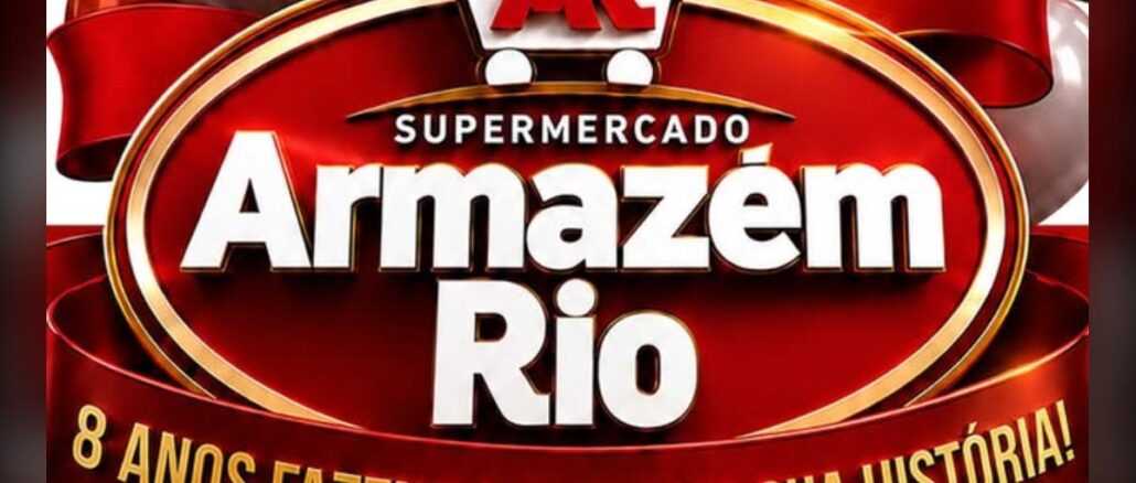 Arte comemorativa dos 8 anos do Supermercado Armazém Rio, com fundo vermelho, moldura oval dourada, logotipo em formato de carrinho de compras e balões decorativos ao redor.