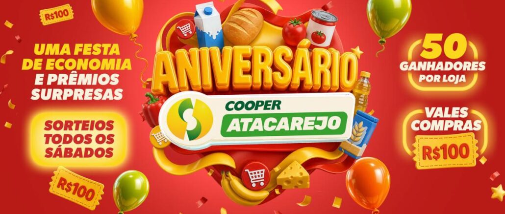 Banner da promoção de Aniversário Cooper Atacarejo com sorteios de vales-compras de R$100 todos os sábados, 50 ganhadores por loja.