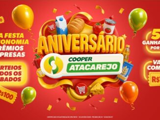 Banner da promoção de Aniversário Cooper Atacarejo com sorteios de vales-compras de R$100 todos os sábados, 50 ganhadores por loja.