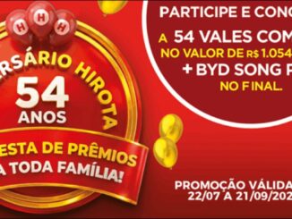 Arte promocional do aniversário de 54 anos do Hirota, com balões vermelhos e dourados formando as letras H, selo comemorativo dourado e vermelho ao centro com os dizeres Aniversário Hirota 54 Anos, faixa inferior anunciando uma festa de prêmios para toda família, balões amarelos ao fundo e texto informando participação para concorrer a 54 vales-compras no valor de R$1.054,00 cada mais um BYD Song Pro no final, com promoção válida de 22/07 a 21/09/2026.