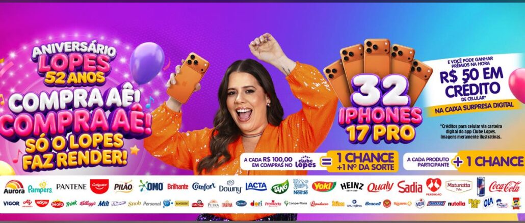 Banner do Aniversário Lopes Supermercados 52 anos com sorteio de 32 iPhones 17 Pro e créditos de R$50 na Caixa Surpresa Digital