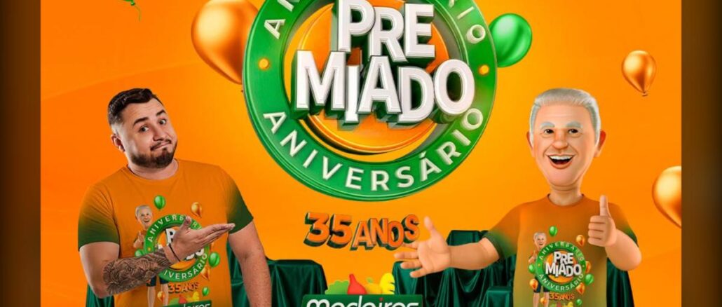 Campanha Aniversário Premiado 35 Anos do Medeiros Supermercados, com balões coloridos, selo comemorativo verde e laranja, dois personagens usando camisetas estampadas da promoção e logotipo da rede ao centro.
