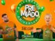 Campanha Aniversário Premiado 35 Anos do Medeiros Supermercados, com balões coloridos, selo comemorativo verde e laranja, dois personagens usando camisetas estampadas da promoção e logotipo da rede ao centro.
