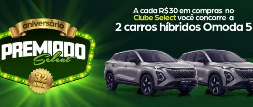 Banner da promoção Aniversário Premiado Select, do Hiper Select, com 32 anos de história, oferecendo 2 carros híbridos Omoda 5 para clientes que acumularem cupons pelo Clube Select.
