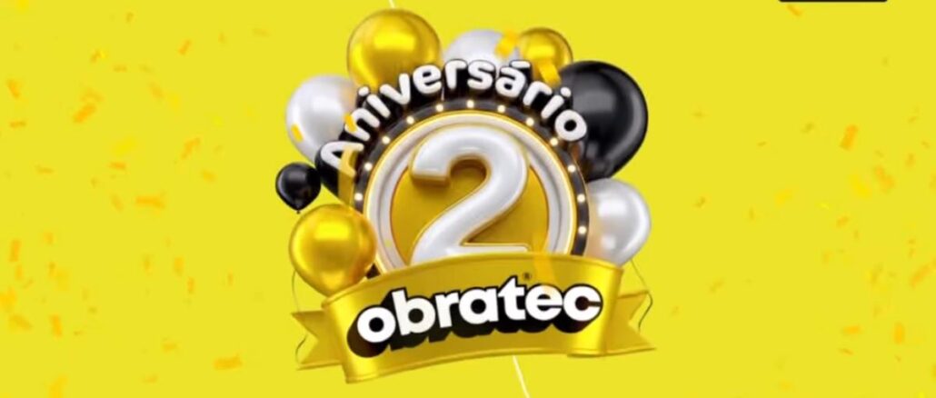 Banner do Aniversário Premiado Obratec 2 anos em São Luís no Maranhão, com balões dourados, brancos e pretos sobre fundo amarelo, válido de 01.07 até 03.10.