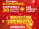 Banner vermelho da promoção Aniversário Premiado dos Supermercados Imperatriz em Santa Catarina, com balões vermelhos e laranja, confetes dourados e os dizeres compre, economize e concorra a 30 scooters elétricas mais vale compras diários, celebrando 52 anos.