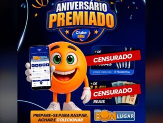 Banner da promoção Aniversário Premiado da Rede Bom Lugar Supermercados, com mascote laranja segurando celular com o app Clube Bom, anunciando prêmios em vale-compras e produtos Tramontina linha Sublime.