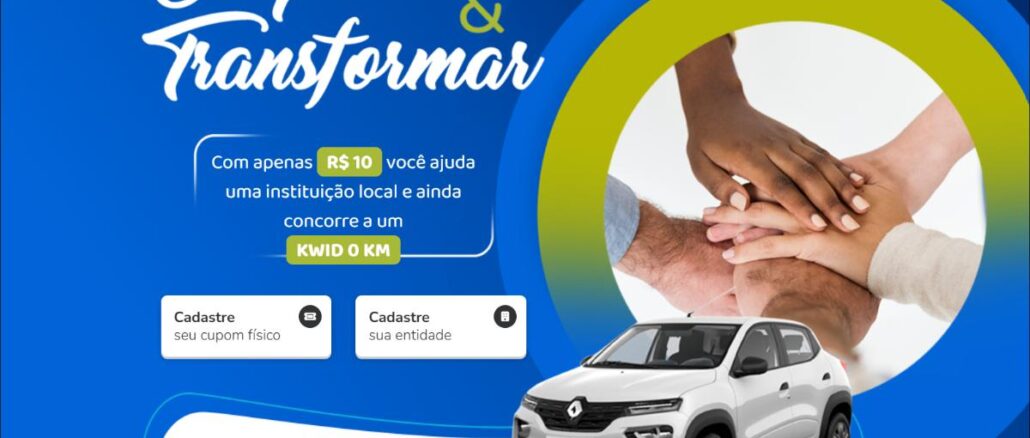 Campanha Frísia Cooperar e Transformar Arte da campanha Cooperar e Transformar, com fundo azul, mãos unidas em círculo à direita e imagem de um automóvel Renault Kwid branco 0km na parte inferior, anunciando cupom de R$10,00 para sorteio do veículo.