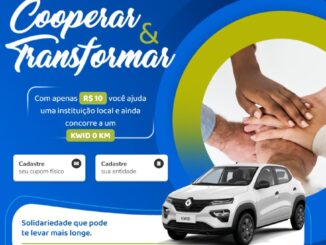 Arte da campanha Cooperar e Transformar, com fundo azul, mãos unidas em círculo à direita e imagem de um automóvel Renault Kwid branco 0km na parte inferior, anunciando cupom de R$10,00 para sorteio do veículo.