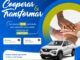 Arte da campanha Cooperar e Transformar, com fundo azul, mãos unidas em círculo à direita e imagem de um automóvel Renault Kwid branco 0km na parte inferior, anunciando cupom de R$10,00 para sorteio do veículo.