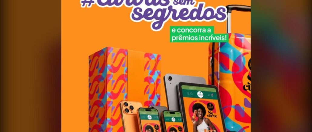 Campanha Haskell #Curvassemsegredos Imagem promocional da campanha Haskell #Curvassemsegredos em fundo laranja, com estampa colorida em tons de rosa, roxo e azul sobre caixa e mala de viagem, celulares e tablet exibindo o site da promoção e uma mulher sorrindo com produtos Haskell na mão.