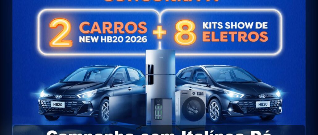 Campanha com Italínea Dá Banner azul de campanha promocional com dois carros Hyundai HB20 2026 pretos, uma geladeira, uma televisão e uma máquina de lavar ao centro, com o texto CONCORRA A 2 CARROS NEW HB20 2026 + 8 KITS SHOW DE ELETROS em destaque, e a frase Campanha com Italínea Dá na parte inferior.