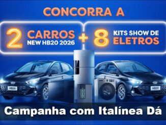 Banner azul de campanha promocional com dois carros Hyundai HB20 2026 pretos, uma geladeira, uma televisão e uma máquina de lavar ao centro, com o texto CONCORRA A 2 CARROS NEW HB20 2026 + 8 KITS SHOW DE ELETROS em destaque, e a frase Campanha com Italínea Dá na parte inferior.