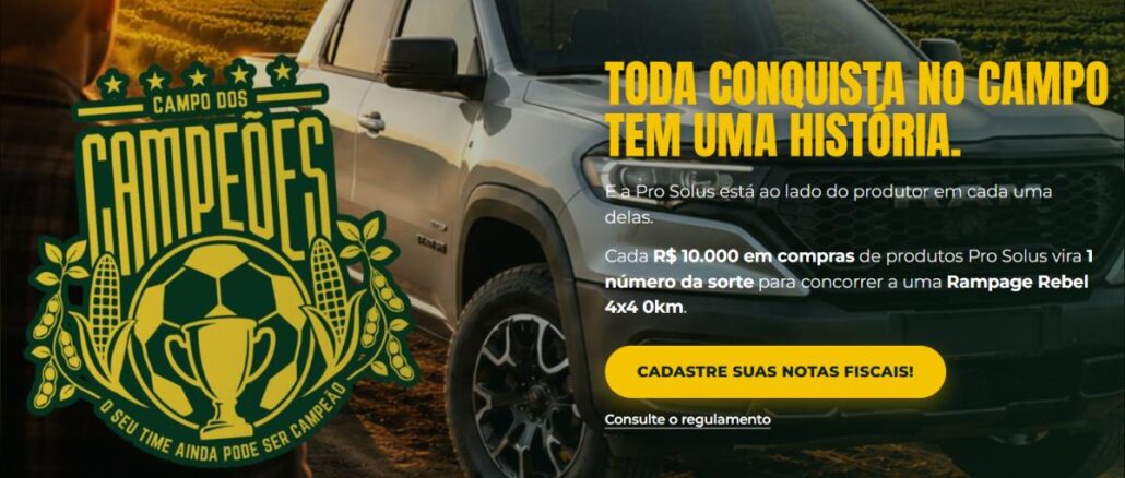 Banner promocional Campo dos Campeões Pro Solus com caminhonete Rampage Rebel 4x4 0km e brasão de escudo esportivo com bola de futebol, taça e espigas de milho