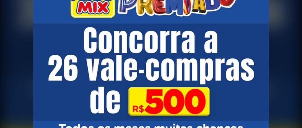 Banner azul do Clube Arco Mix Premiado com o texto Concorra a 26 vale-compras de R$500,00, todos os meses muitas chances de você ganhar