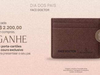 Porta-cartões de couro marrom Face Doctor Sculptra com logo estampado, ao lado do texto Compre e Ganhe de Dia dos Pais