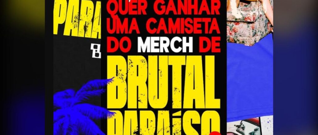 Banner promocional da Tropical Paradise Merch anunciando sorteio de camiseta autografada por Luísa Sonza da coleção Brutal Paraíso, com fundo preto, tipografia amarela e vermelha e ilustração de coqueiro azul.