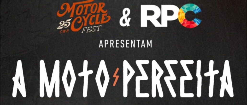 Banner preto com logotipos do MotorCycle Fest CWB 25 anos e RPC, anunciando o concurso A Moto Perfeita 2026, com raio laranja separando as palavras Moto e Perfeita.