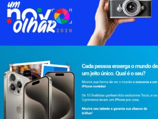Banner do concurso cultural Um Novo Olhar 2026 da Teuto, com logotipo colorido em formato de obturador de câmera, mão segurando câmera fotográfica vintage e três iPhones exibindo fotos, sobre fundo azul e degradê azul turquesa.