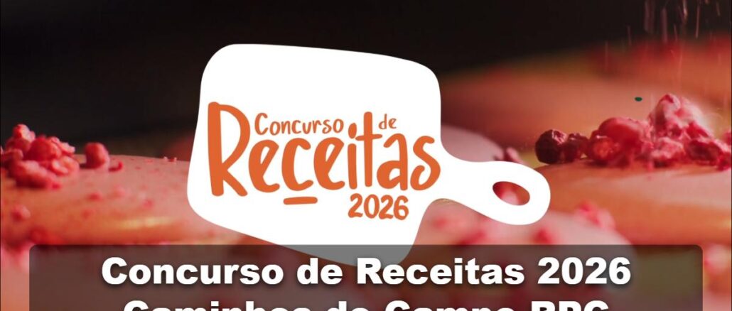 Banner do Concurso de Receitas 2026 Caminhos do Campo RPC, com logotipo em formato de tábua de corte branca e letras laranja sobre fundo escuro com sobremesa e frutas vermelhas desfocadas ao fundo