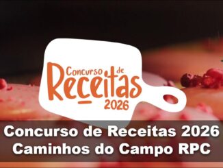 Banner do Concurso de Receitas 2026 Caminhos do Campo RPC, com logotipo em formato de tábua de corte branca e letras laranja sobre fundo escuro com sobremesa e frutas vermelhas desfocadas ao fundo