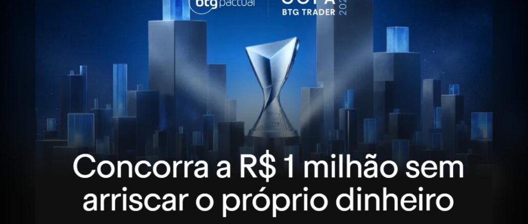 Copa BTG Trader 2026 Banner da Copa BTG Trader 2026, campeonato de trade organizado pelo BTG Pactual, com troféu prateado em formato de ampulheta iluminado sobre fundo de skyline urbano azul escuro, anunciando sorteio de R$1.000.000,00 sem risco do próprio dinheiro.