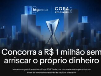 Banner da Copa BTG Trader 2026, campeonato de trade organizado pelo BTG Pactual, com troféu prateado em formato de ampulheta iluminado sobre fundo de skyline urbano azul escuro, anunciando sorteio de R$1.000.000,00 sem risco do próprio dinheiro.