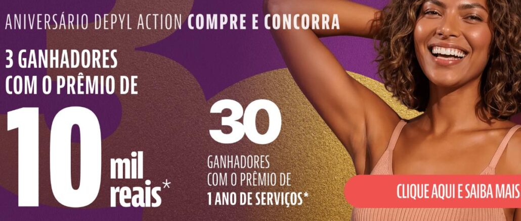 Banner promocional do aniversário da Depyl Action, com fundo roxo e dourado e mulher sorridente com o braço erguido, anunciando concurso com prêmios de R$10.000,00 e um ano de serviços