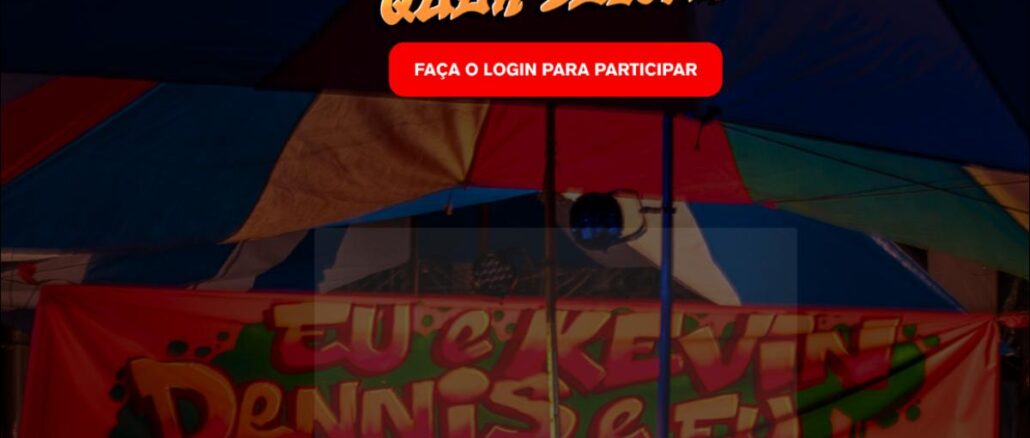 Desafio Dennis Quer Beijar Banner promocional do Desafio Quer Beijar com botão de login para participar, montado sob barracas coloridas de feira com faixa escrita Eu e Kevin, Dennis e Eu