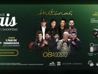 Banner da campanha Mês dos Pais do Buriti Shopping com o show Histórias, reunindo cantores em fundo verde, ao lado de prêmios como óculos Ray-Ban Meta e moto elétrica W125