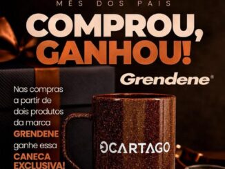 Arte promocional do Mês dos Pais Grendene em parceria com Cartago, com caixa de presente decorada com fita e caneca exclusiva em tom marrom cintilante sobre fundo escuro