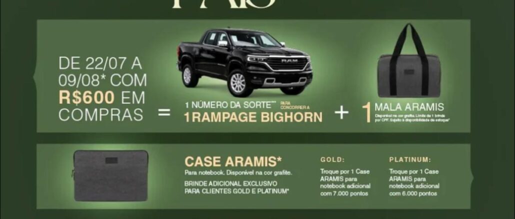 Banner promocional Dia dos Pais Jundiaí Shopping 2026 com caminhonete RAM Rampage Bighorn preta, mala Aramis grafite e case Aramis para notebook, com informações de datas e regras da promoção