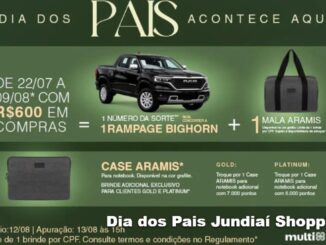 Banner promocional Dia dos Pais Jundiaí Shopping 2026 com caminhonete RAM Rampage Bighorn preta, mala Aramis grafite e case Aramis para notebook, com informações de datas e regras da promoção