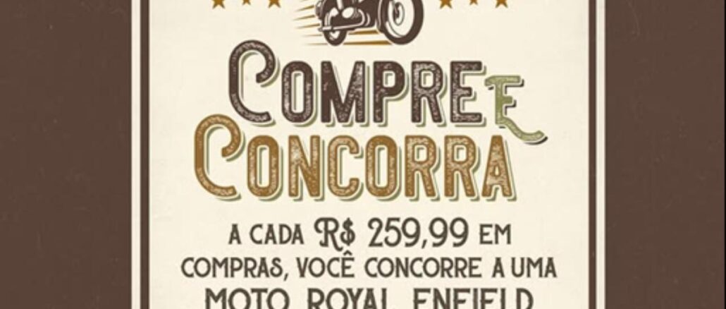 Banner promocional Compre e Concorra Shop do Pé, com ilustração de moto Royal Enfield Meteor Fireball, dizeres sobre concorrer a cada R$259,99 em compras e logotipo das marcas parceiras Kenner, Red Nose, Pegada, Democrata, Cartago e Rider.
