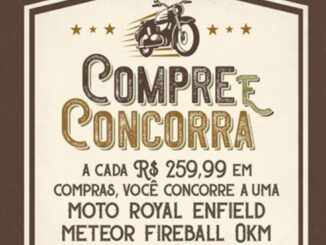 Banner promocional Compre e Concorra Shop do Pé, com ilustração de moto Royal Enfield Meteor Fireball, dizeres sobre concorrer a cada R$259,99 em compras e logotipo das marcas parceiras Kenner, Red Nose, Pegada, Democrata, Cartago e Rider.
