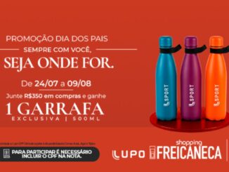 Banner da promoção Dia dos Pais do Shopping Frei Caneca em São Paulo, com três garrafas térmicas esportivas nas cores azul, roxa e laranja sobre fundo vermelho, anunciando a troca de R$350 em compras por uma garrafa exclusiva de 500ml.