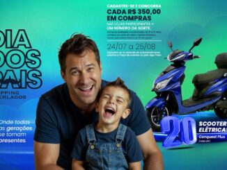 Banner promocional Dia dos Pais do Shopping Interlagos com pai e filho sorrindo, anúncio de sorteio de 20 scooters elétricas Conquest Plus a cada R$350,00 em compras, de 24/07 a 25/08