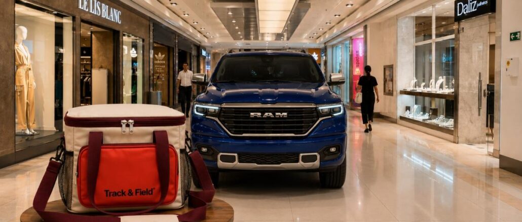 Corredor do Shopping Mueller em Curitiba com caminhonete RAM azul exposta ao lado de bolsa térmica Track & Field vermelha e branca, anunciando promoção de Dia dos Pais.
