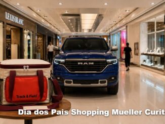 Corredor do Shopping Mueller em Curitiba com caminhonete RAM azul exposta ao lado de bolsa térmica Track & Field vermelha e branca, anunciando promoção de Dia dos Pais.